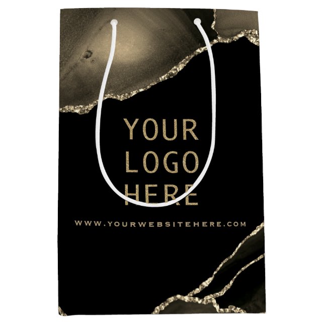 Elegant Black Gold Agate Your Logo Here Medium Gif Medium Gift Bag (Front)