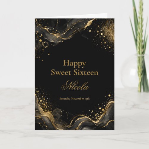 Elegant Black Gold Alcohol Ink Sweet Sixteen Card