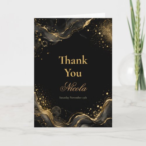 Elegant Black Gold Alcohol Ink Sweet Sixteen Thank You Card