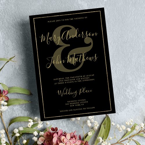 Elegant Black Gold Ampersand Luxury Border Wedding Invitation