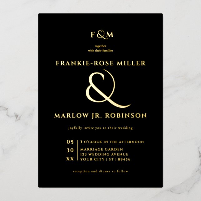 Elegant Black Gold Ampersand Modern Luxury Wedding Foil Invitation (Front)