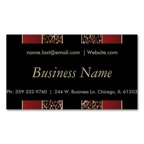 Elegant Black Gold and Burgundy Leopard Stripes Magnetic Business Card
