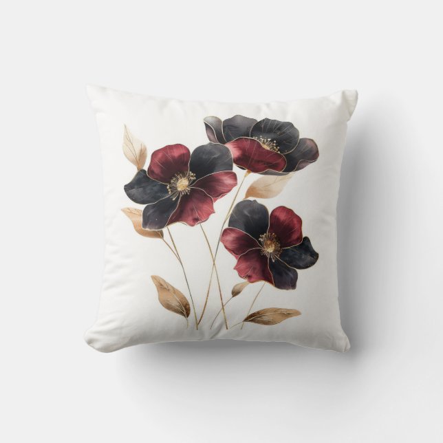 Elegant black gold and burgundy watercolor flowers throw pillow (Front)