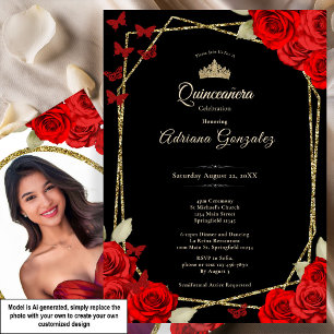 Elegant Black Gold and Red Roses Quinceanera Invitation