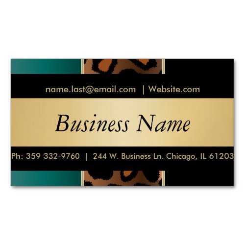 Elegant Black Gold and Teal Leopard Stripes Magnetic Business Card