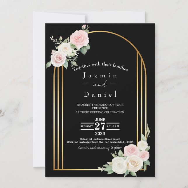 Elegant Black Gold Arch Blush & Cream Rose Wedding Invitation (Front)