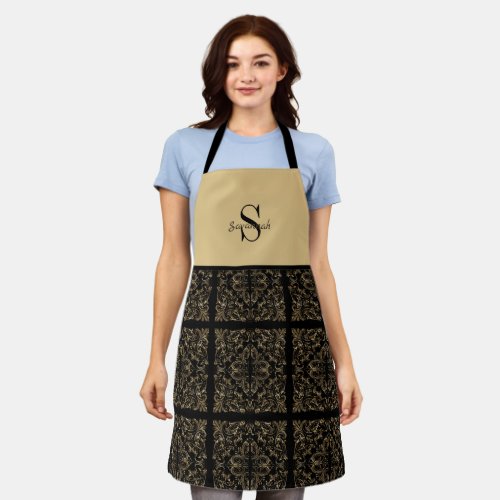 Elegant Black Gold Art Deco Design Monogram Apron