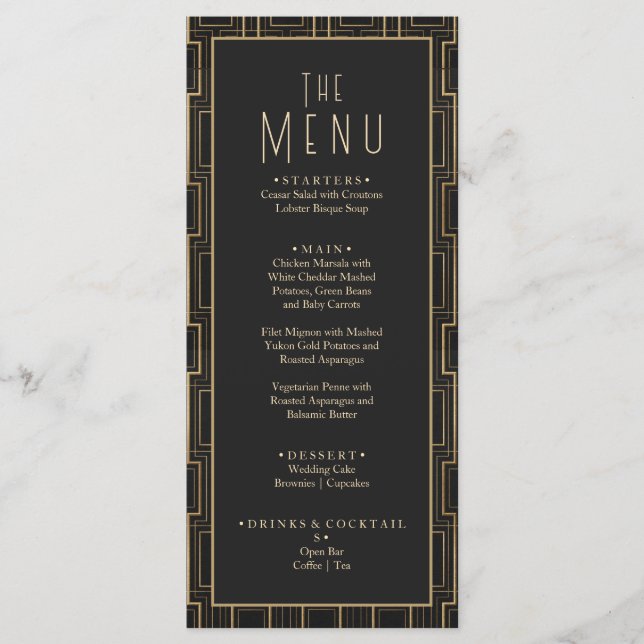 Elegant Black & Gold Art Deco Gatsby Wedding Menu (Front)