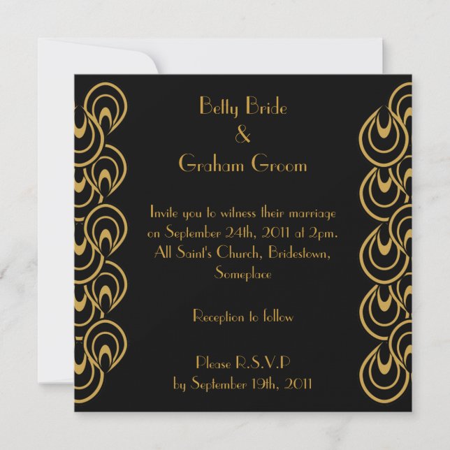 Elegant Black & Gold Art Deco Linen Invites (Front)