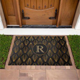 Elegant Black & Gold Art Deco Monogram Accent Doormat