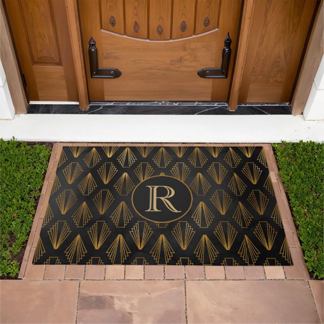 Elegant Black & Gold Art Deco Monogram Accent  Doormat (Outdoor)