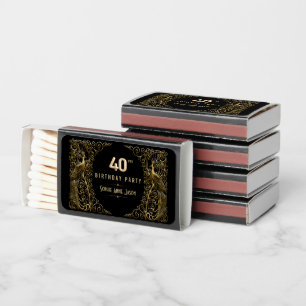 Elegant Black Gold Art Deco Peacock 40th Birthday Matchboxes