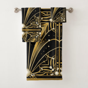 Elegant black gold Art Deco pearls Bath Towel Set