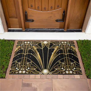Elegant black gold Art Deco pearls Doormat