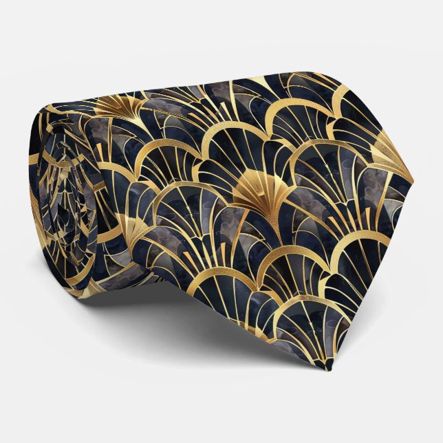 Elegant black gold art deco tiled pattern  neck tie (Rolled)