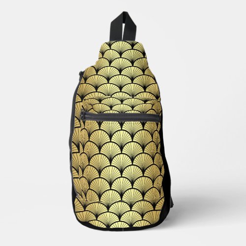 Elegant Black Gold Art Deco Vintage Fan Pattern Sling Bag