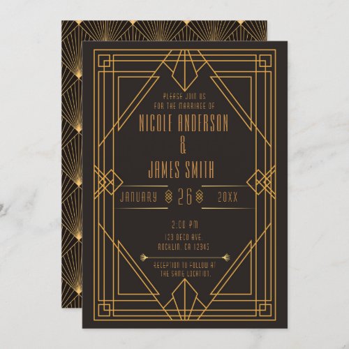 Elegant Black Gold Art Deco Wedding Marriage Invitation