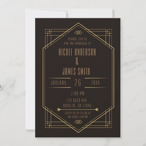 Elegant Black Gold Art Deco Wedding Marriage Invitation