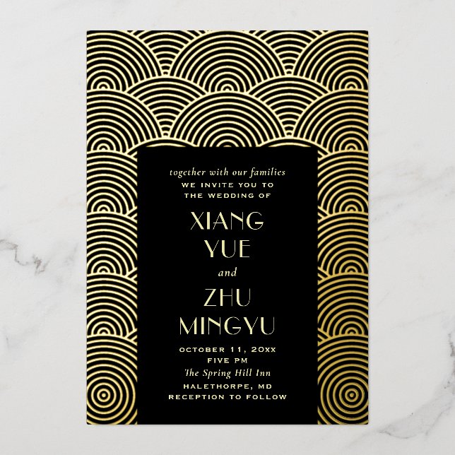 Elegant black gold asian wedding. Classic chinese  Foil Invitation (Front)