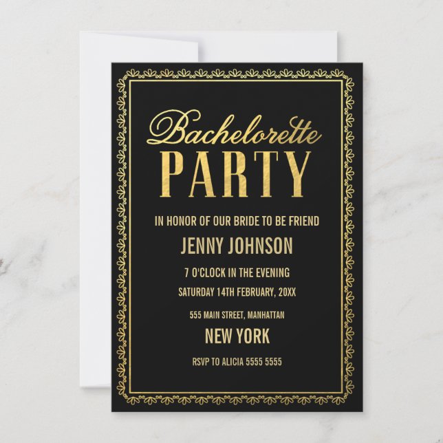 Elegant Black Gold Bachelorette Party Invite (Front)