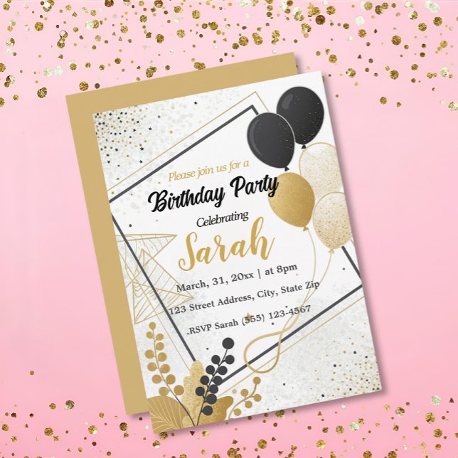 elegant black gold balloon Any Age birthday  Invitation (Creator Uploaded)