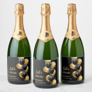 Elegant Black Gold Balloon Chic Birthday Sparkling Wine Label