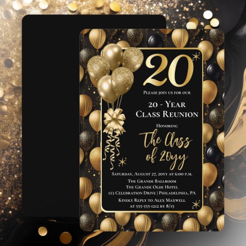 Elegant Black Gold Balloons 20 Year Class Reunion Invitation