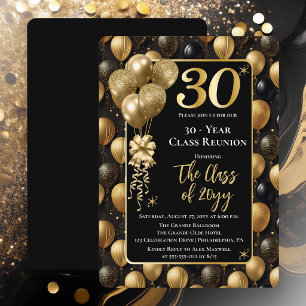 Elegant Black Gold Balloons 30 Year Class Reunion Invitation