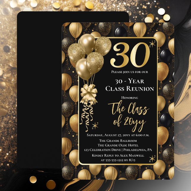 Elegant Black Gold Balloons 30 Year Class Reunion Invitation (Elegant 30 Year Black and Gold Tone Faux Glitter Balloons Class Reunion Invitations)