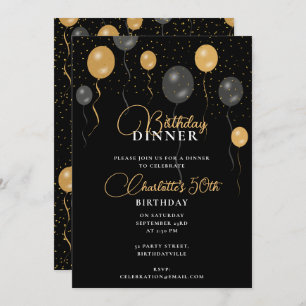 Elegant Black & Gold Balloons Birthday Dinner Invitation