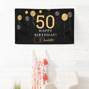 Elegant Black & Gold Balloons Birthday Party Age Banner