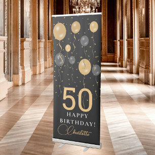 Elegant Black & Gold Balloons Birthday Party Age Retractable Banner