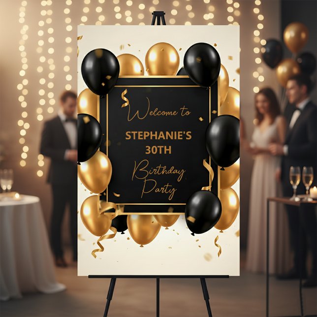 Elegant Black Gold Balloons Birthday Welcome Party Foam Board (Creator Uploaded)