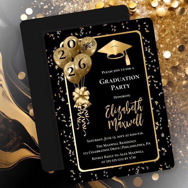 Elegant Black Gold Balloons Graduation Party Invitation (Elegant Black and Gold Tone Graduation Party Invitation Balloons and Confetti - Print | Digital)