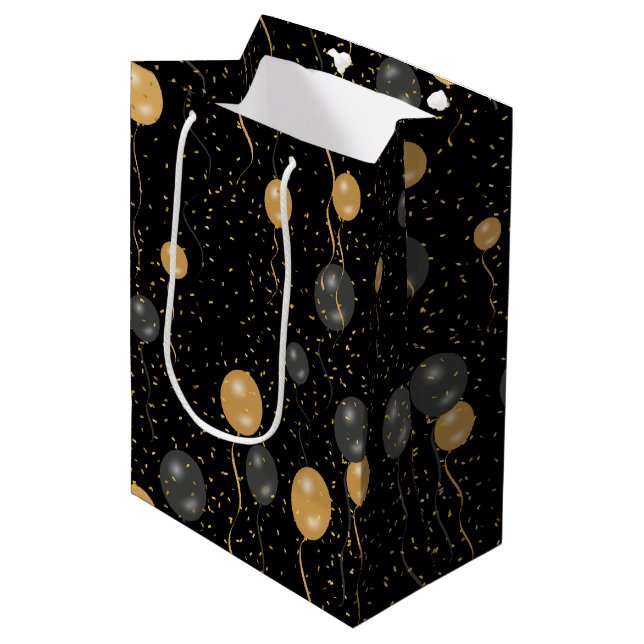 Elegant Black & Gold Balloons  Medium Gift Bag (Front Angled)