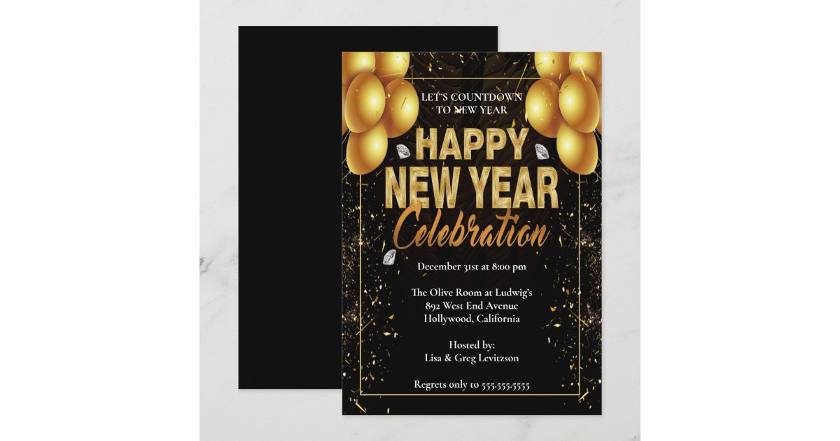 Elegant Black & Gold Balloons New Years Eve Party Invitation | Zazzle
