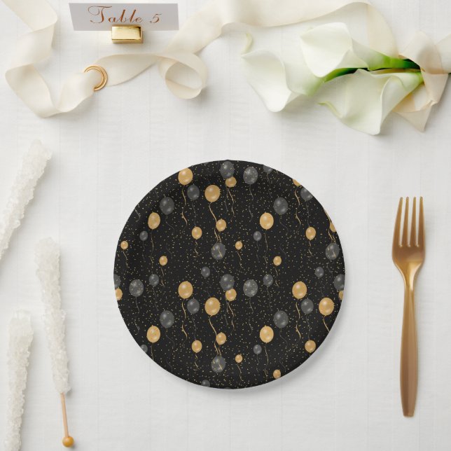 Elegant Black & Gold Balloons  Paper Plates (Wedding)