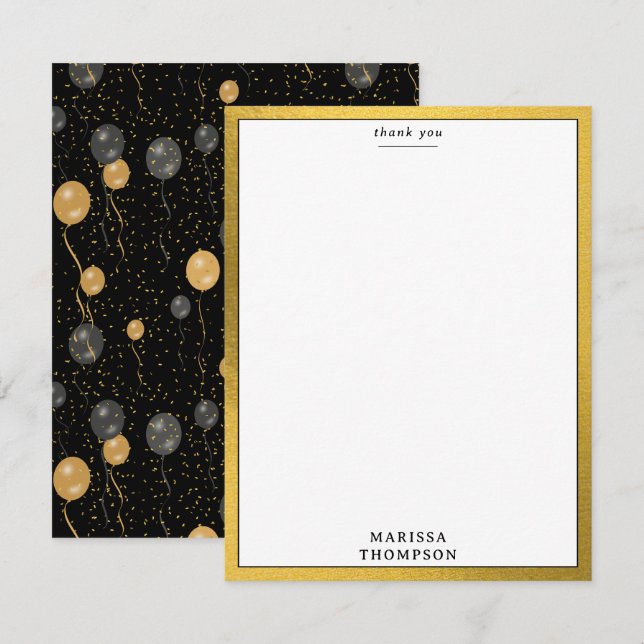 Elegant Black & Gold Balloons Party Thank You Card (Front/Back)