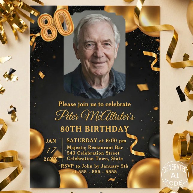 Elegant Black & Gold Balloons Photo 80th Birthday Invitation (Creator Uploaded)