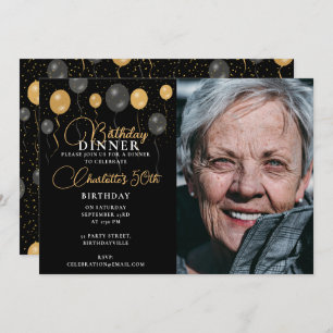 Elegant Black & Gold Balloons Photo Birthday Party Invitation