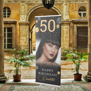 Elegant Black & Gold Balloons Photo Birthday Party Retractable Banner