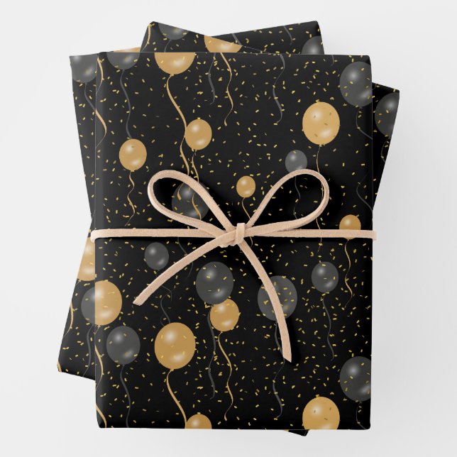 Elegant Black & Gold Balloons  Wrapping Paper Sheets (In situ)