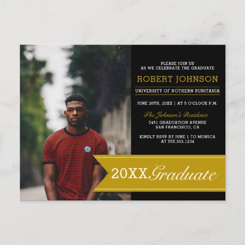 Elegant Black  Gold Banner Photo Graduation Party Invitation Postcard