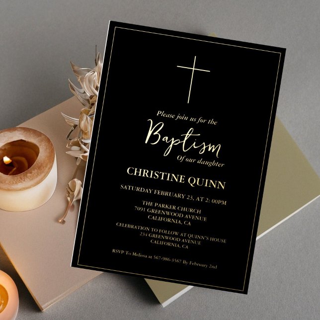 Elegant Black & Gold Baptism & Christening  Foil Invitation (Creator Uploaded)