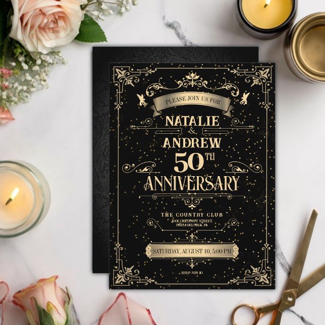 Elegant Black & Gold Baroque 50th Anniversary Invitation (Creator Uploaded)