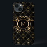 Elegant Black & Gold Baroque Floral Frame iPhone 13 Case<br><div class="desc">Elegant black and gold floral frame baroque style with customizable monogram.</div>