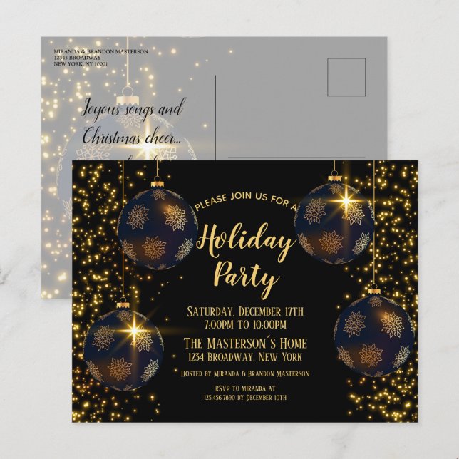 Elegant Black Gold Baubles Christmas Invitation Postcard (Front/Back)