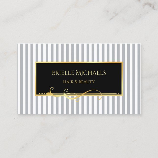 Elegant Black & Gold Beauty | Chic Stripe Design Business Card (Front)