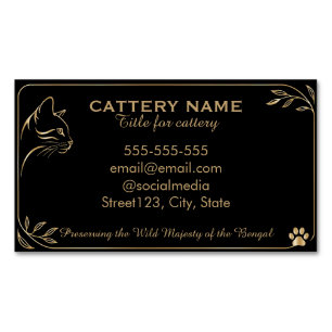 Elegant Black & Gold Bengal Cat Cattery Custom Business Card Magnet
