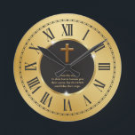 Elegant Black Gold Bible Verse Church Round Clock<br><div class="desc">This Elegant Black Gold Bible Verse Church Round Clock is a sophisticated and meaningful piece, perfect for any church setting or a religious household. The clock features a sleek black background that enhances the visibility of the gold-tone numerals and hands, creating a striking contrast. Around the face, selected Bible verses...</div>